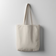 A plain off-white canvas tote bag hangs from a hook against a simple white background, showcasing its minimalist design and versatility