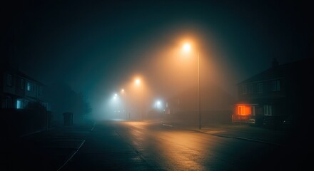 Foggy street scene with orange streetlights illuminating a road lined with houses