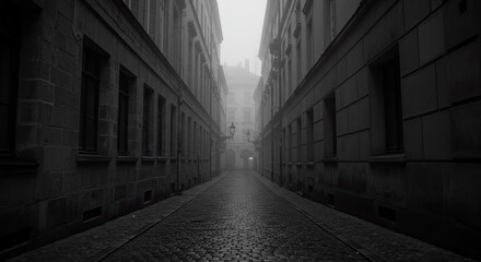 Fototapeta premium Fogveiled cobblestone street lined by buildings leading to an archway under dim light