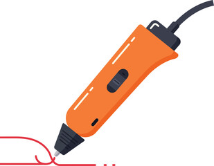 A bright orange 3D printing pen illustration actively extruding a red filament, capturing the concepts of modern technology, creativity, and digital fabrication.