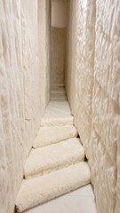 Fluffy White Material Covering Hallway with Steps a Tunnel of Soft Texture