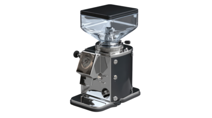 Compact, dark gray and stainless steel coffee grinder.  Clear hopper and top.  Precisely engineered machine, showing intricate detail in the design
