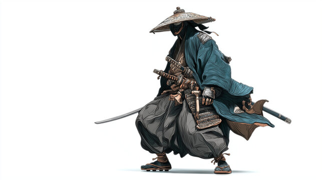 A samurai isolated on a white background, dressed in traditional armor and holding a katana, symbolizing honor, discipline, and warrior spirit.