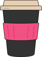 A modern and simple illustration of a black coffee cup with a bright pink sleeve and a beige lid, perfect for themes of cafe culture, daily routines, and food and drink.