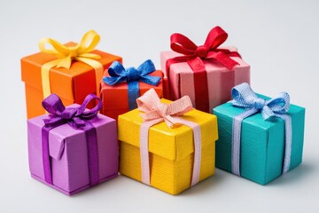 Colorful gift boxes with ribbons arranged on light background