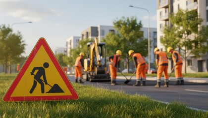 Urban construction workers performing road maintenance on modern city street during daytime