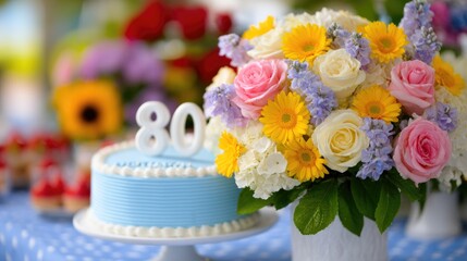 80th Birthday Cake with Colorful Flowers Decoration
