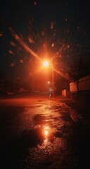 Blurry night street scene, warm light, rain