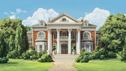 Fototapeta premium Grand estate mansion under a sunny sky. Lush landscaping surrounds a stately, brick house with columns and a porch