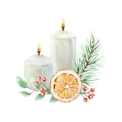 Christmas candles with green fir branch, red berries, eucalyptus leaves and orange slice. Hand drawn watercolor pastel illustration for New Year cards and posters.