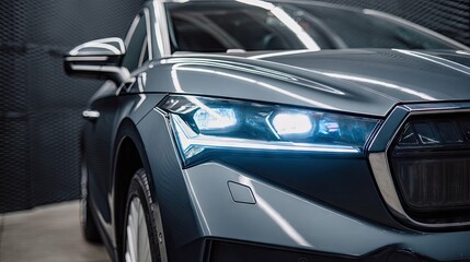 Close-up view of a modern vehicle's headlights.