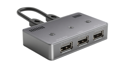 Gray rectangular device with dual HDMI inputs and output.  Features a cable