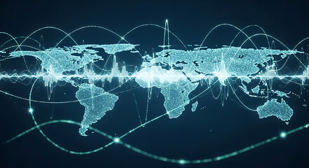 World map with sound waves and connecting lines representing global data communication network
