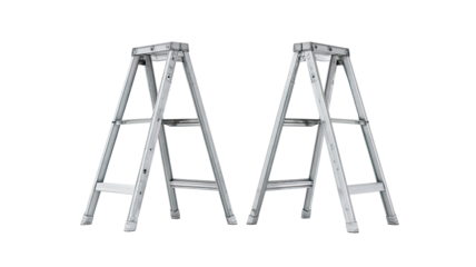Two lightweight A-frame step ladders, side-by-side, against a black background.  They are a light gray color and appear to be foldable