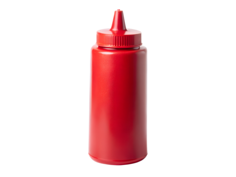 Red plastic squeeze bottle with a pointy cap isolated on transparent background
