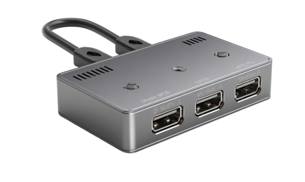 Gray rectangular device with dual HDMI inputs and output.  Features a cable