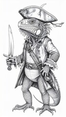 Obraz premium Anthropomorphic Lizard Creature with Pirate Costume Holding Sword Black and White Drawing