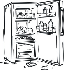 Black and white sketch of an open refrigerator filled with bottles, containers, and food items