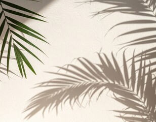 Obraz premium Abstract Green Palm Leaf Shadow on Textured Beige Wall Background with Sunlight