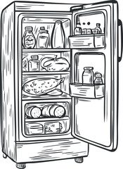 Illustration of an open refrigerator filled with various food items and bottles inside kitchen appliance