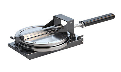 Industrial metal cutting/forming tool.  A  circular, stainless steel die or punch with a lever handle.  Precise mechanical components.  Durable construction