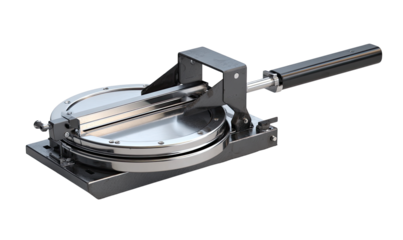 Industrial metal cutting/forming tool.  A  circular, stainless steel die or punch with a lever handle.  Precise mechanical components.  Durable construction