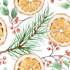 Christmas seamless pattern with dried orange slices, fir branches, red berries and green eucalyptus leaves. Hand drawn watercolor pastel illustration for New Year wrapping paper and textiles.