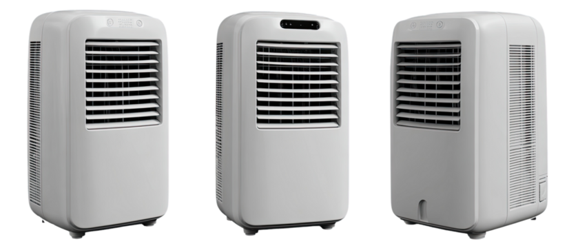 Three light gray portable air conditioners