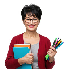 Smiling middle aged woman wearing glasses and a red cardigan holding books and colorful pens isolated on transparent background