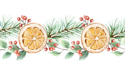 Christmas seamless border watercolor. Fir branches, orange slices, red berries and green eucalyptus leaves. Hand drawn pastel illustration for New Year cards and banners.