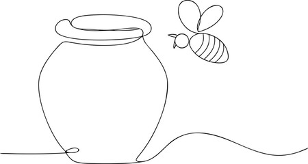 3d continuous one line drawing of honey pot eps and flying on white background
