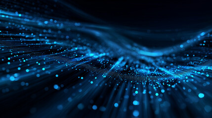 Abstract bue digital visualization of data packets flowing through a network, featuring glowing lines, motion trails, geometric nodes, and a futuristic high-tech aesthetic.