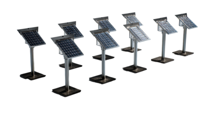 Row of solar panels mounted on freestanding stands.  Dark background, light gray metal stands.  Panels are dark blue/gray.  Several panels visible in the row