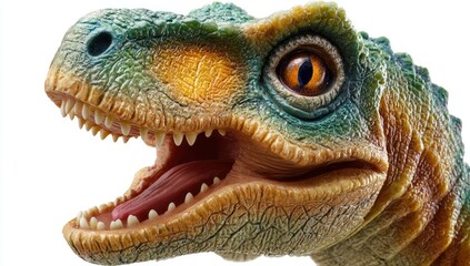 Fototapeta premium Close-up of a dinosaur's head, mouth agape. Vivid colors, detailed textures