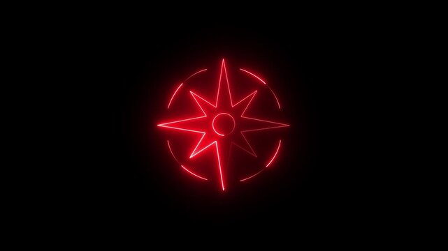 A glowing neon compass arrows icon animation video on black background icon GPS road navigation silhouette logo travel icon. compass rose spinning over  symbolizing exploration and navigation.