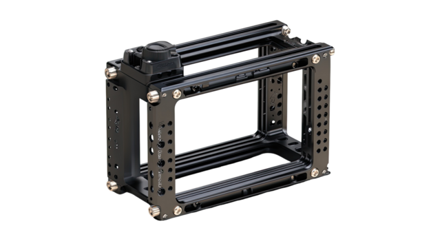 Black metal camera rig, rectangular frame, with mounting points