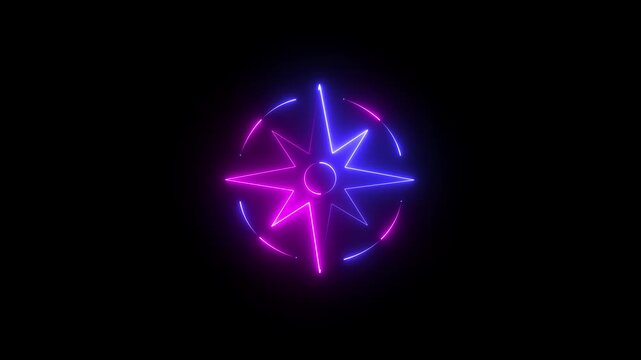 A glowing neon compass arrows icon animation video on black background icon GPS road navigation silhouette logo travel icon. compass rose spinning over  symbolizing exploration and navigation.