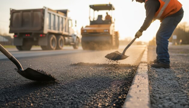 Efficient road construction process with workers using shovels and heavy machinery in the