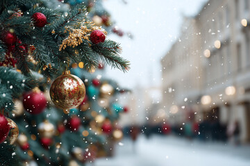 Close up of decorated Christmas tree with red and gold baubles in snowy city street decoration