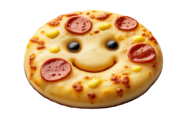 Whole pepperoni Pizza with two Olives for Eyes and a Pizza Sauce Smiley Face on top of Melted Mozzarella Cheese