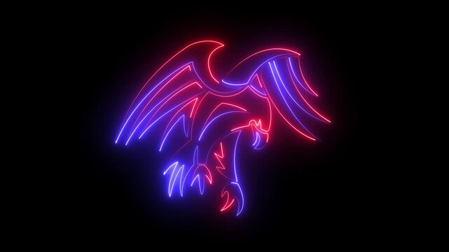 Neon bird icon animation. flying bird concept on black background. 4k video animation Eagle animal icon .