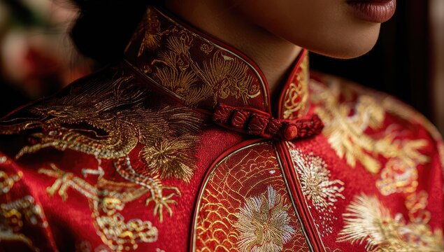 Close-up of a red qipao, intricately embroidered with gold dragons and floral patterns