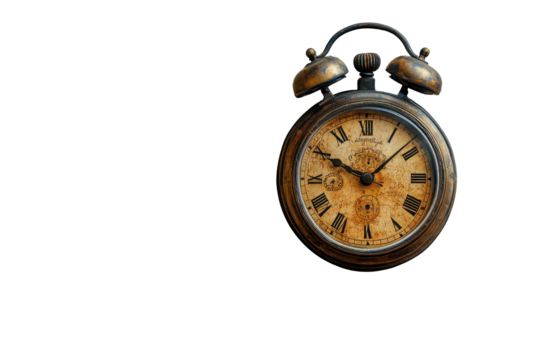 Vintage clock showing the time hanging on an ornamental antique frame with distressed parchment background ready to use in any decorative project