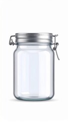 Empty Glass Jar with Silver Lid on White Background for Food Preservation