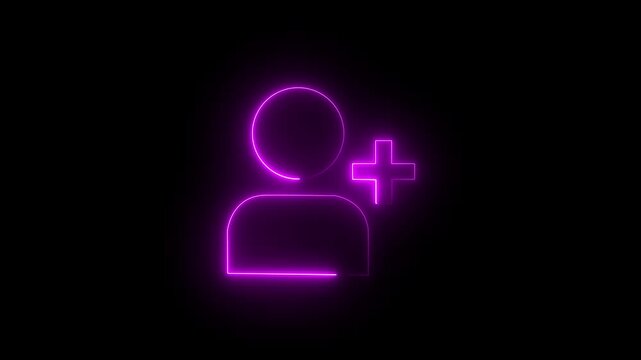 Glowing profile add user icon animation on black background .Looped Neon Lines abstract contact with add friend icon animation plus sign add member head face people man profile animated .