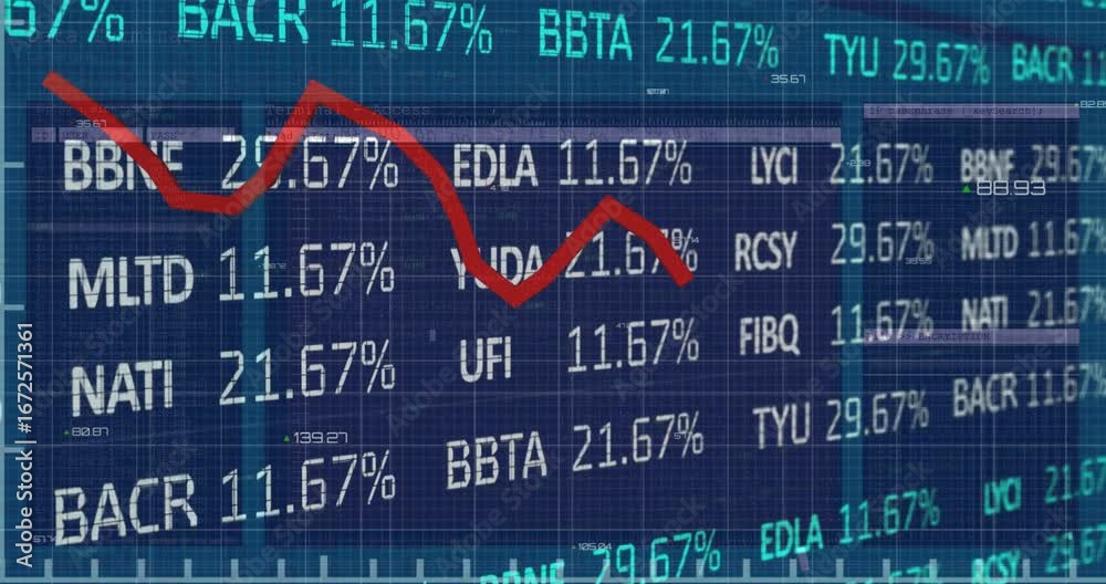 Wall mural animation of red line and financial data processing over grid