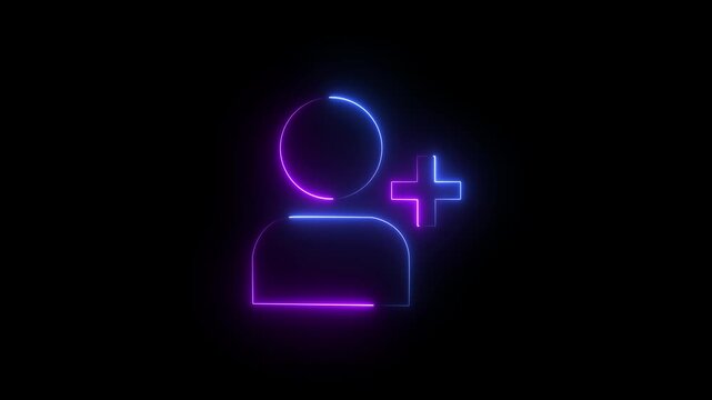 Glowing profile add user icon animation on black background .Looped Neon Lines abstract contact with add friend icon animation plus sign add member head face people man profile animated .