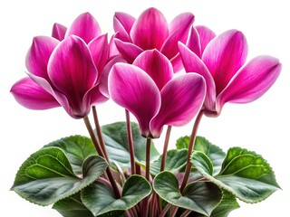 Obraz premium Striking closeup of vibrant pink Cyclamen flowers and foliage against white background