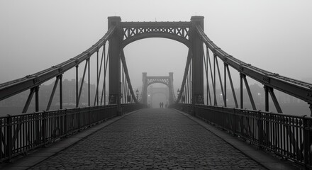 Misty bridge view with cobblestone path ornate railings and distant figures