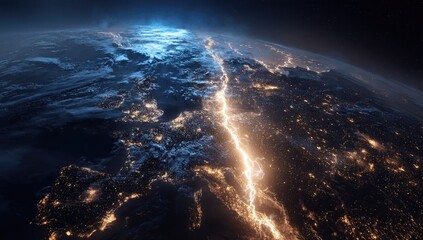 Fototapeta premium Earth's illuminated continents, viewed from space. A bright, lightning-like line divides the night side, showing city lights. Vast landmasses and clouds surround the central path